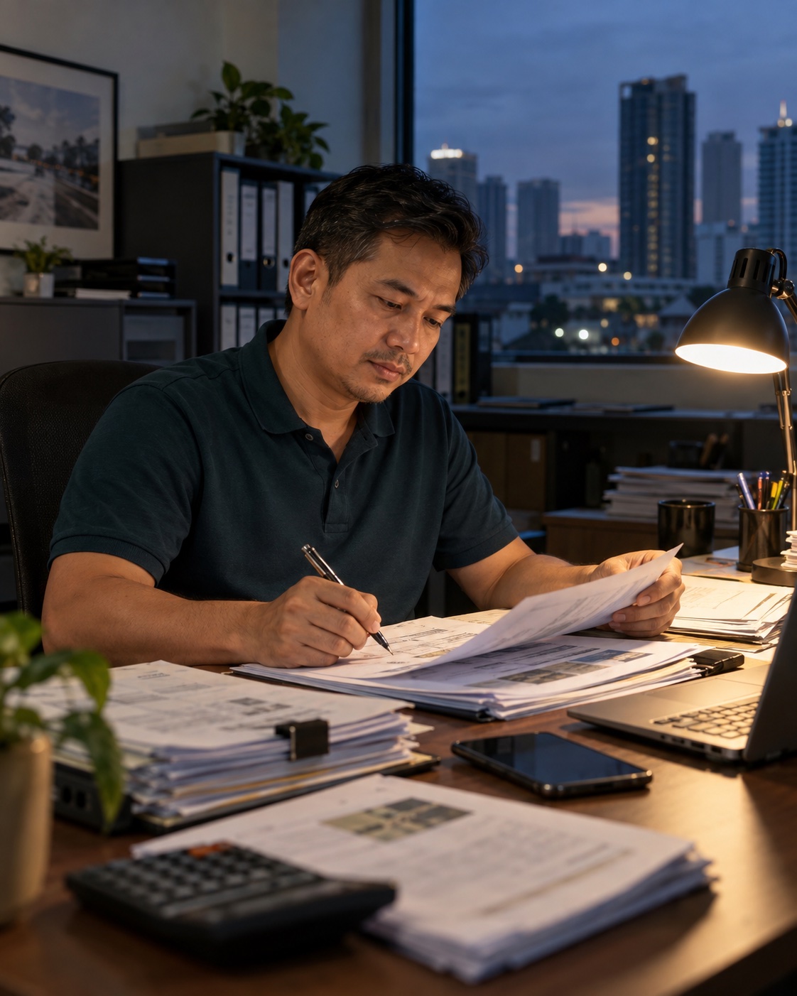 An owner at his desk after hours, working through a stack of site paperwork